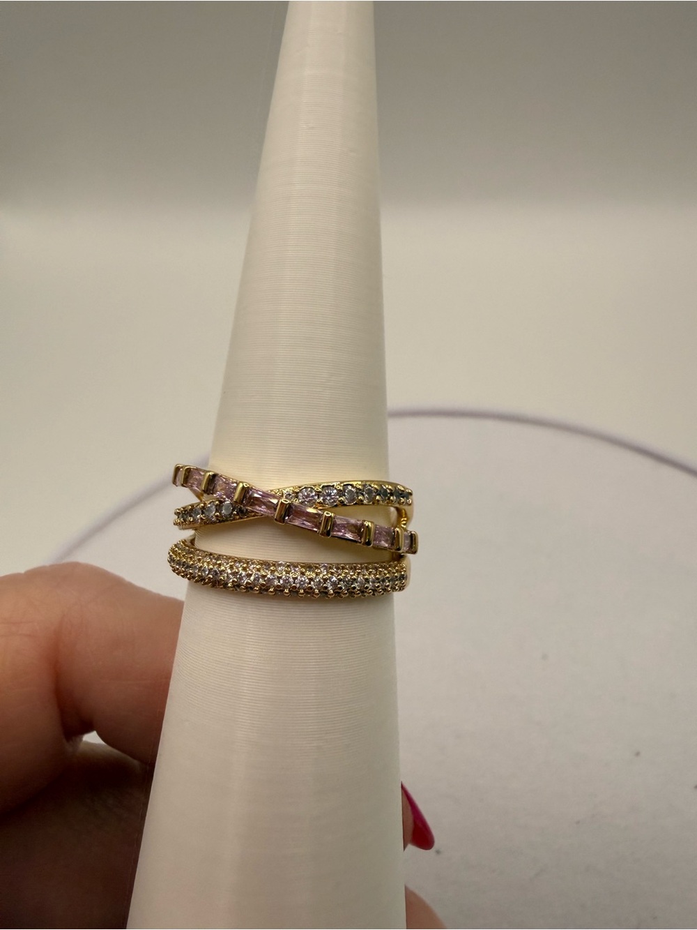 Gold-Plated Rose Quartz & Pavé Stackable Ring